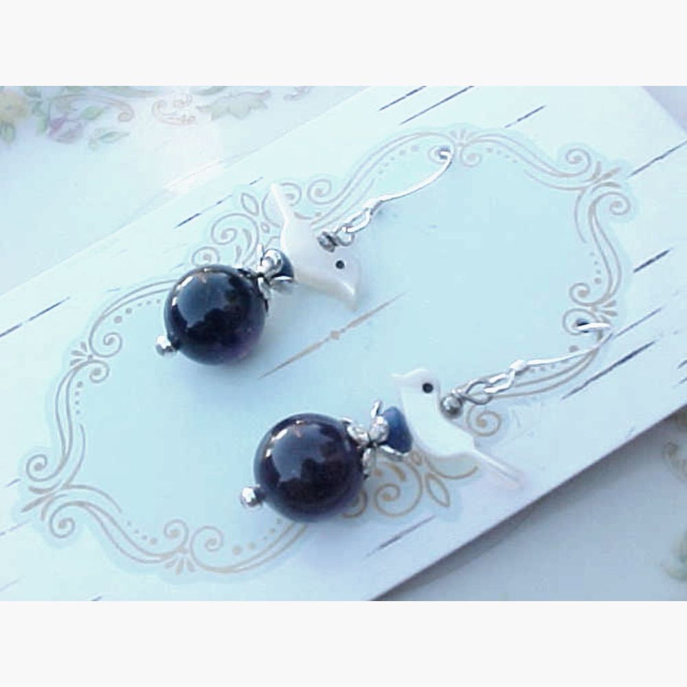 B2G1 MOP Shell Pearl Bird Fetish Amethyst Aquamarine Earrings Artisan Handmade